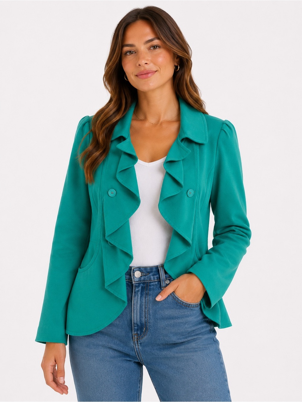 INC International Concepts Teal Ruffle-Front Zip Up Blazer